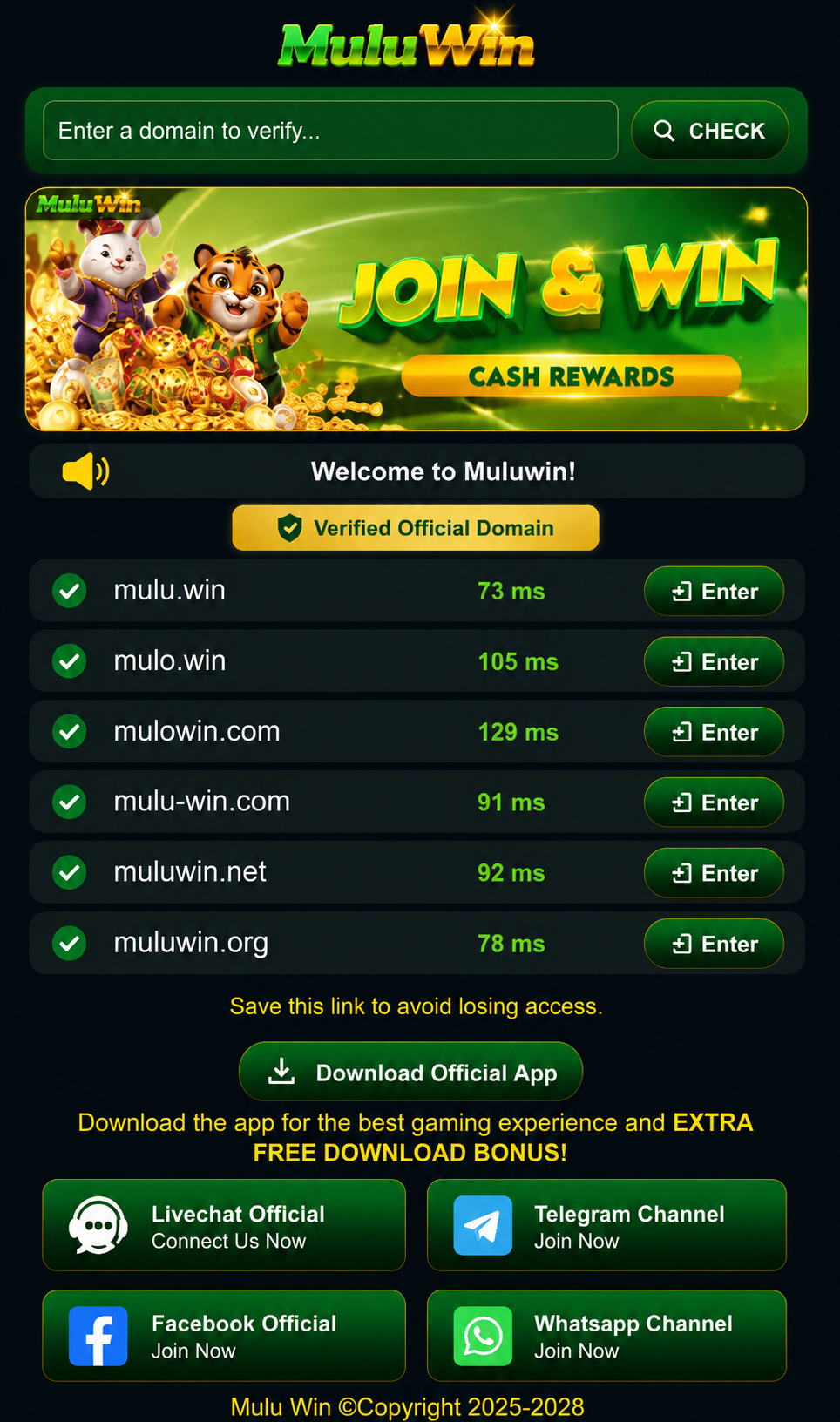 MuluWin official website domain checker and verified domain links